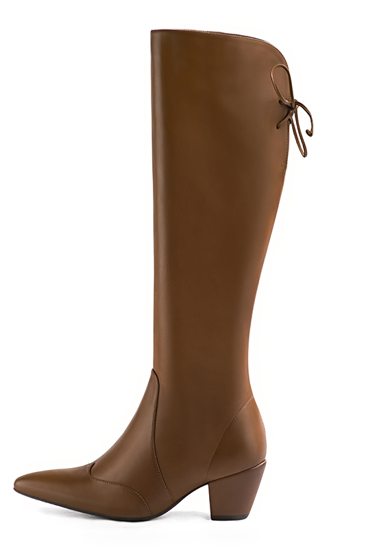 Caramel brown women's knee-high boots, with laces at the back. Tapered toe. Medium cone heels. Made to measure. Profile view - Florence KOOIJMAN